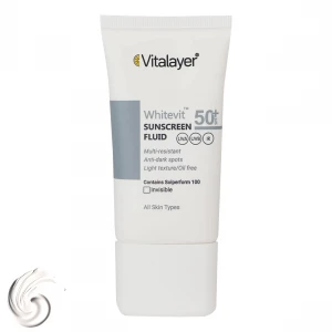 فلوئید ضد آفتاب بدون رنگ ویتالیر SPF50 مدل Whitevit محافظ UVA ،UVB، ضد آب، ضد لک، مناسب انواع پوست حجم 50 میلی‌لیتر