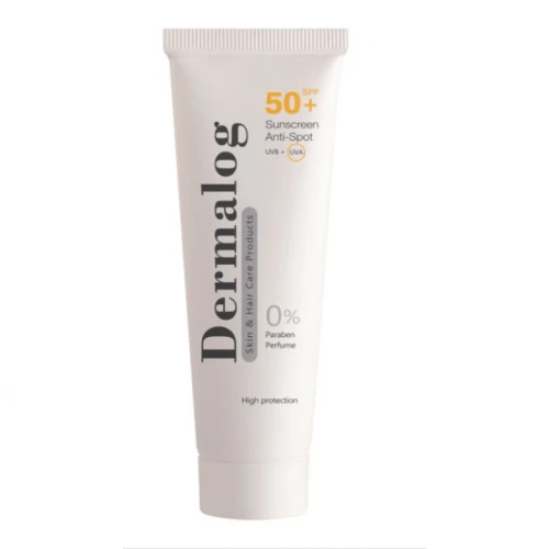 کرم ضد آفتاب بی‌رنگ درمالوگ، SPF 50، مدل anti spot، مناسب انواع پوست با حجم 50 میلی‌لیتر، فاقد پارابن، محافظت‌کننده در برابر اشعه‌های UVA و UVB، ضد چروک، ضد لک و پیری، دارای فرمولاسیون تیتانیوم دی اکساید و زینک اکساید، با ماندگاری 4 ساعته
